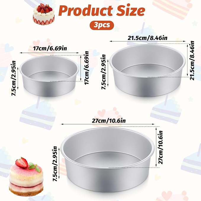 3 Pack Cake Pan Round, 6 inch/8 inch/10 inch Aluminum Baking Pans for Layer Cakes Metal Tier Cake Tins Heavy Duty Non-Stickfor Birthday Wedding Party, Home Kitchen, 3inch Depth