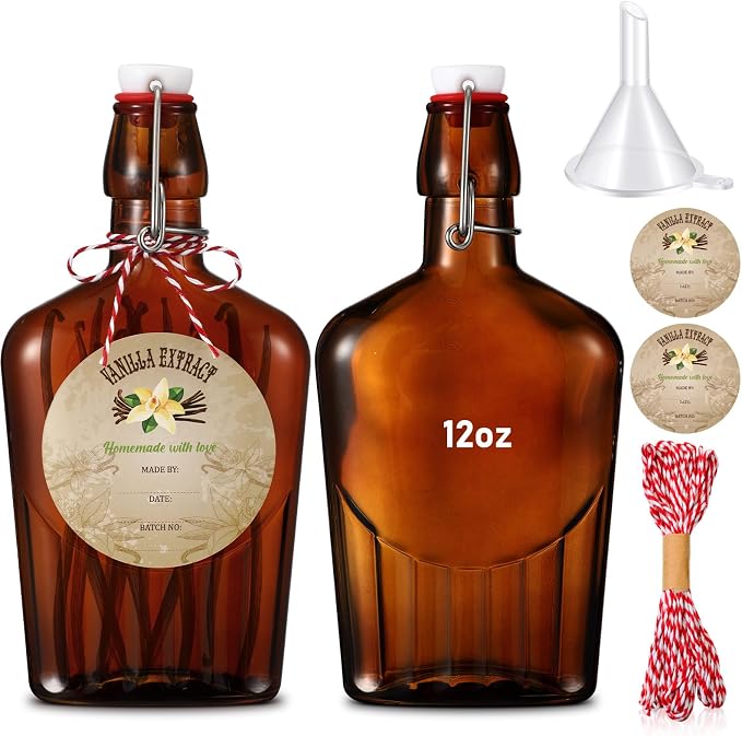 Uiifan 2 Pack 12 oz Vanilla Extract Bottles with Swing Top Flask Whiskey Pocket Amber Glass Flask for Homemade Vanilla Extract Lemon Kombucha Water Apply Christmas Wedding Gift (Amber)