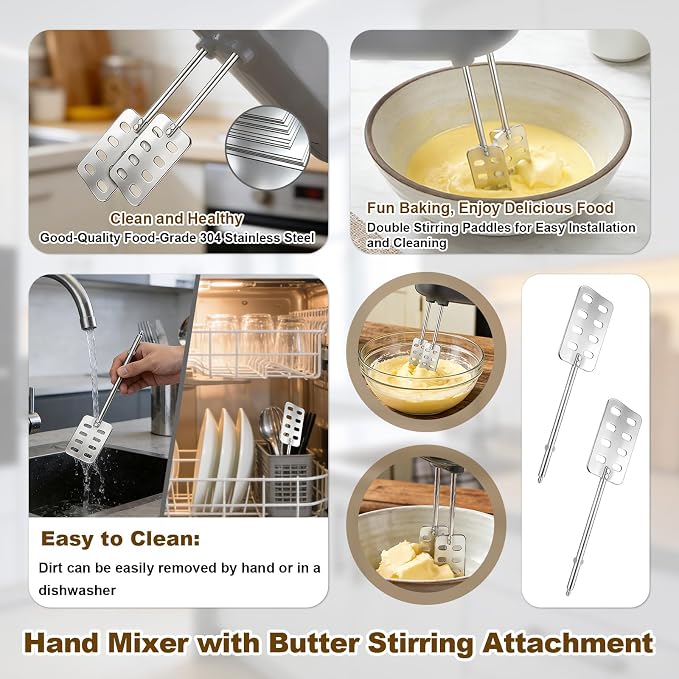 2pcs Hand Mixer Butter Beaters Replacement Compatible, Stainless Steel Mixer Beaters Attachments Churner Blender Parts for Quickly Make Fresh Homemade Butter