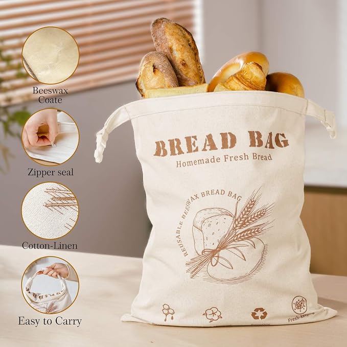 Beeswax Bread Bag, Sourdough Bread Bags for Homemade Bread, 17 * 13in Bees wax Wraps Reusable With Freshness Lock Zipper, Keep Bread Fresh for Longer (Caramel loaf)
