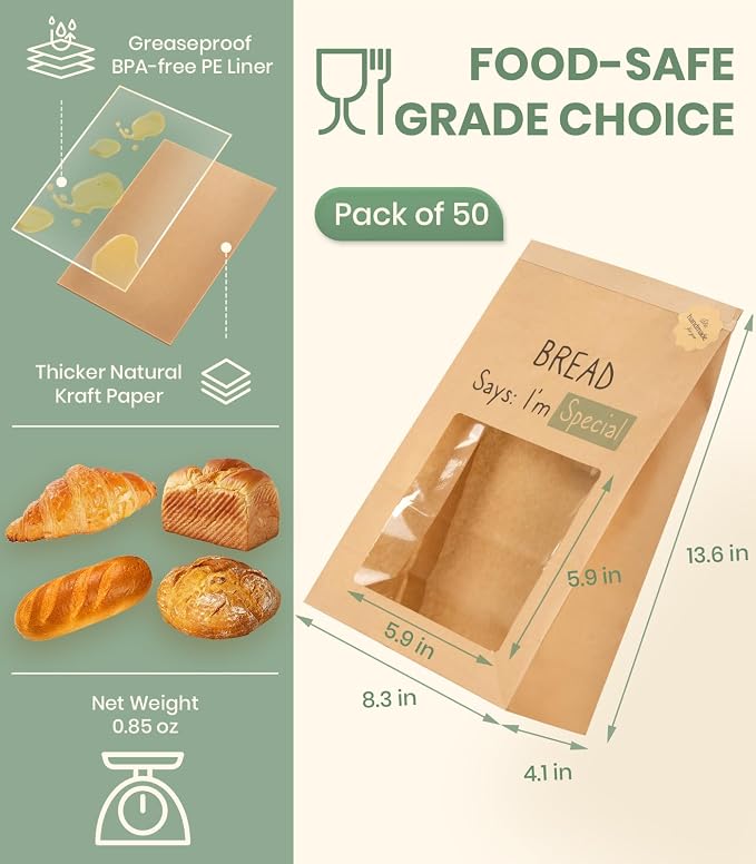 50PCS 2X Thicker Brown Paper Bread Bags with Tabs | Kraft Homemade Sourdough Round Loaf Storage for Gifting Packaging | Large Bakery Sour Dough Gift Bag with Window | 13.6x8.3x4.1in