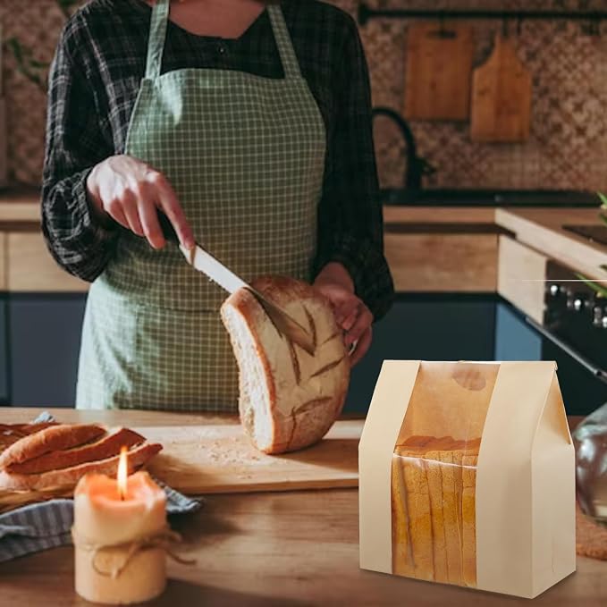 60 Paper Bread Bags for Homemade Bread, Paper Bakery Bag for Baked Food Packaging Storage, Large Kraft Paper Bread Loaf Bag with Window Label Seal Sticker included Pack of 60, 12.5x8.3x4 Inches