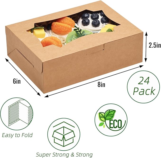 TOMNK 24pcs 8x6x2.5 Inches Cookie Boxes, Bakery Boxes with 3 Style Window, Treat Boxes, Pastry Pie Boxes for Chocolate Strawberries, Donuts, Cupcakes, Muffins and Dessert