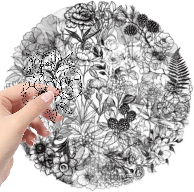 Botany Stickers Pack, 50PCS Black PET Transparent Waterproof Stickers Pack for Water Bottles,Laptop,Scrapbook, Bakery Themed Party Decorations (Black Botany)