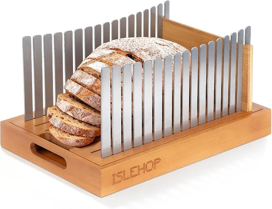 Bread Slicer for Homemade Bread - Bread Cutter Board with Adjustable Width Stainless Steel Slicing Guides & Crumb Tray, Bread Cutter for Sourdough, Bagel, Loaves (Bamboo+Stainless steel)