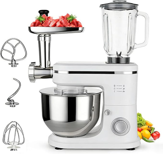 3-in-1 Stand Mixer with Meat Grinder Juicer for Kitchen, 6 Quart Tilt-Head Electric Mixer with Stainless Steel Bowl, 6+P Speeds, Dough Hook, Beater & Whisk