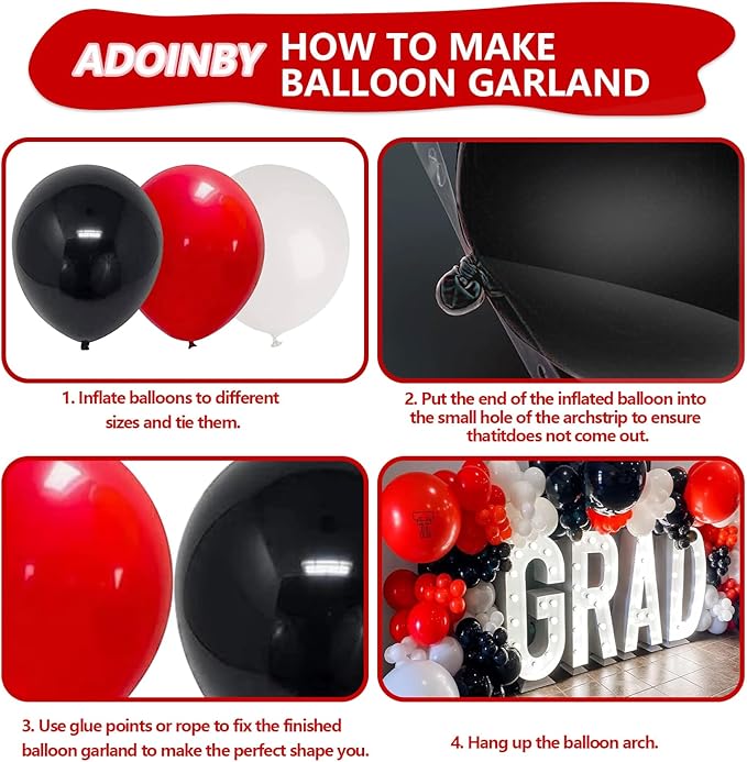 Red Black and White Balloon Arch Kit, ADOINBY 140Pcs Red and Black White Silver Garland kit, 18 12 10 5 Inch Different Size Balloons for Birthday Party Anniversary Racing Car New Year Prom Decorations
