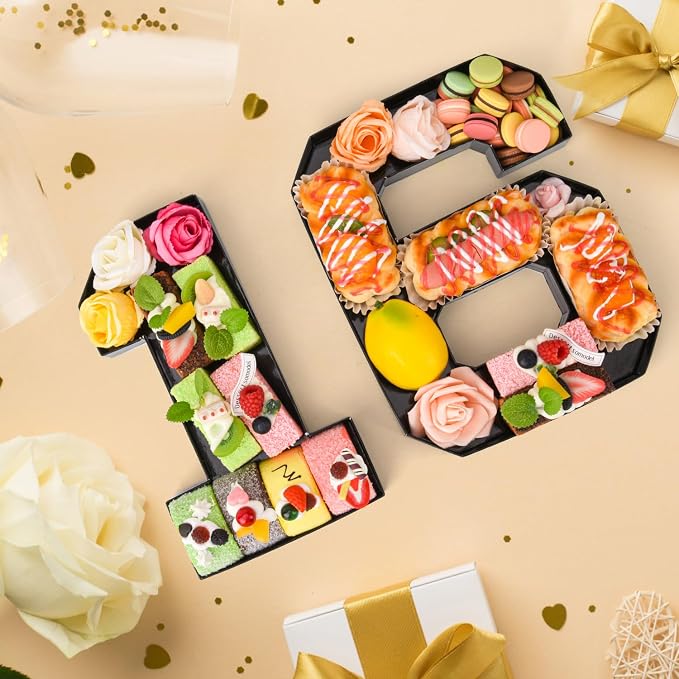 Cardboard Number for Charcuterie 16 Set Fillable Tray 10.2'' Black Charcuterie Paper Box for 16th Birthday Anniversary Party Decorations Chocolate Candy Cupcake Container