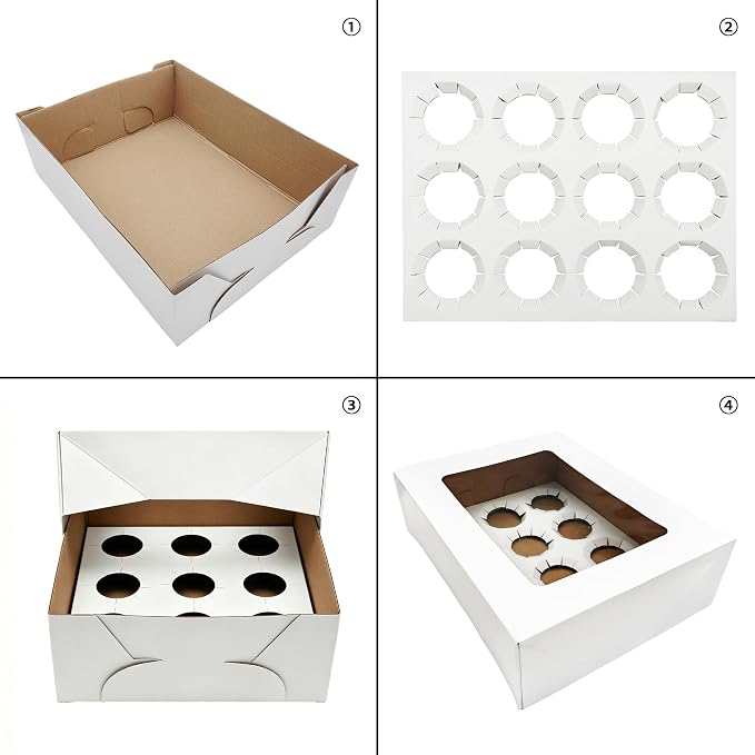 Jotique 12 Count Sturdy Corrugated Cupcake Boxes with Window, 3 Pack 13.25x10.25x4 Inch Bakery Holders for Cookies and Muffins, Disposable Treat containers for Pastry, Baked Goods, Gift Giving