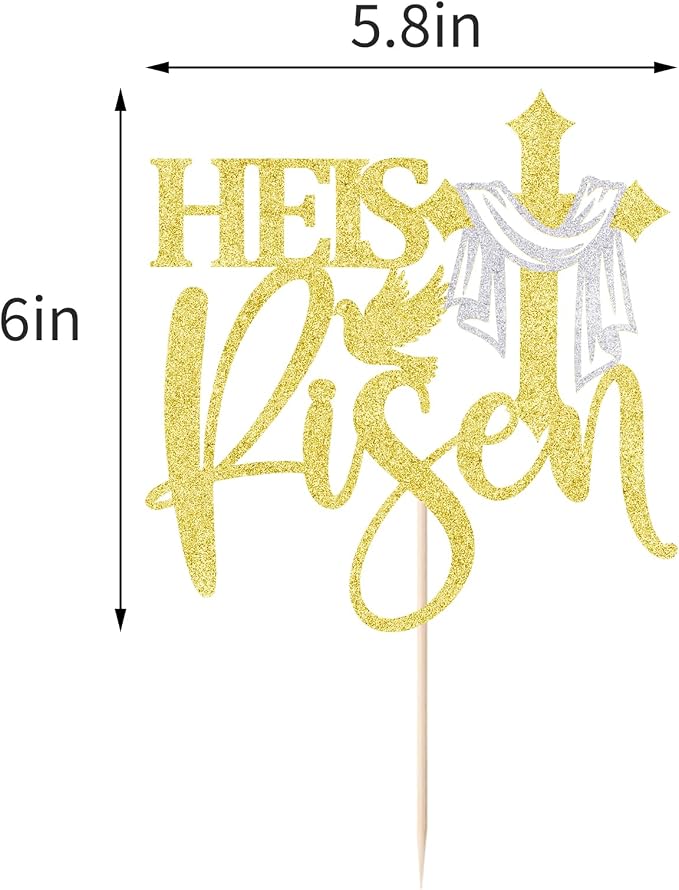 Gold Glitter He is Risen Cake Topper,First Holy Communion Baptism Cake/God Bless Cake Decorations/Jesus Happy Easter Theme Party Cake Decorations