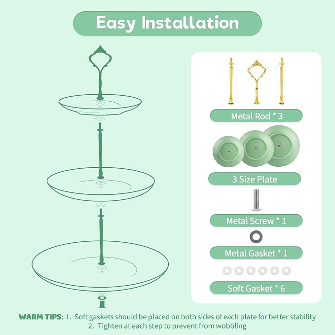 Lucky Will Green Tiered Dessert Serving Tray for Kid's Party Supplies Favors 3 Tier Cupcake Cake Stand for Birthday Tea Afternoon Halloween Christmas Candy Bar