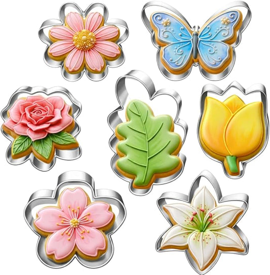 LUBTOSMN Flower and Leaf Cookie Cutter Set-7 Piece-Daisy, Lily, Rose, Tulip, Oak Leaf and Butterfly Fondant Biscui Cutters