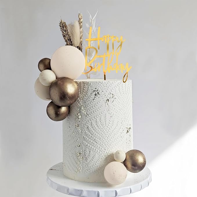 Khaki Balls Cake Topper Boho Grass Cake topper Khaki White Gold Pearl Balls Happy Birthday Cake Decorations for Wedding Birthday Boho Themed Supplies (Khaki)
