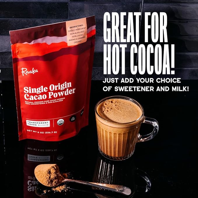 Raaka Organic Cacao Powder - Unsweetened, Non-Alkalized, 32oz Resealable Bag
