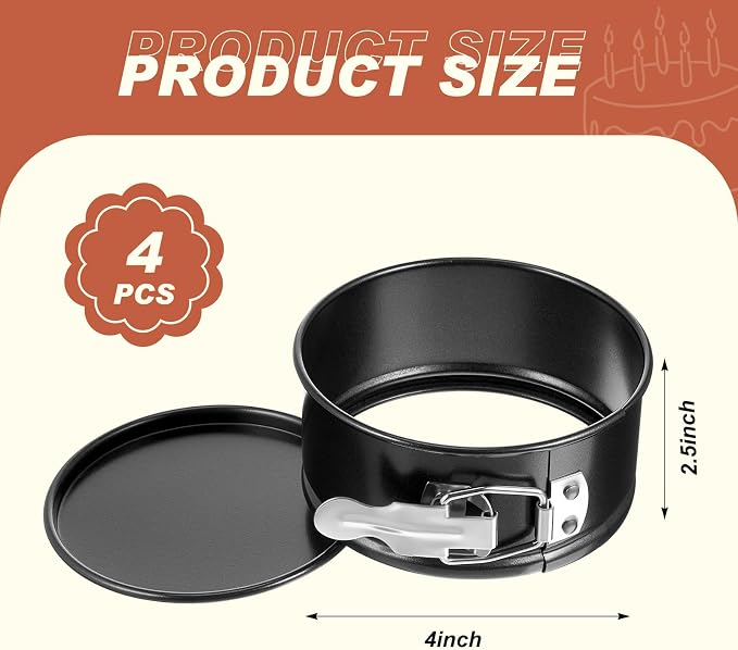 Funnymoom 4 Pcs 4 Inch Non Stick Springform Pan with Removable Bottom Carbon Steel Round Springform Cheesecake Pan with Stainless Steel Spring Buckles for Baking Kitchens Restaurant(Black)