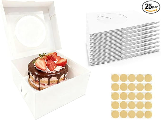 25 Pack Cake Boxes 10x10x5 Inches Cake Box with Windows, White Square Bakery Boxes, Cake Container with Stickers for Cake, Cookies, Pie, Cupcakes-Birthday, Party, Wedding by GBF