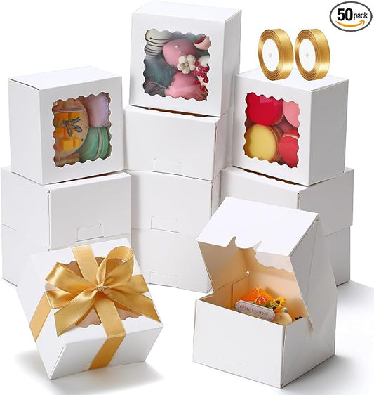 COTOPHER Auto Pop Up Cookie Box with Window 4x4x2.5 Inches – 50 Pack White Bakery Boxes with Gold Ribbon for Birthday Party Favors, Wedding, Christmas Gift Packaging for Cookies, Candy, Macarons