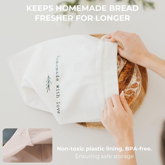 KIBAGA Beautiful Linen Bread Bag Set and Proofing Cover For Homemade Sourdough Bread - Keeps Your Loaf Fresh for Days - Reusable and Easy to Clean Storage Bag, The Perfect Baking Accessories