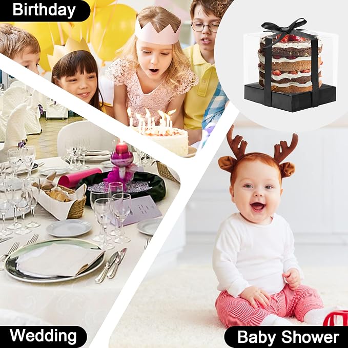 12 Pack Clear Plastic Cupcake Boxes, 3.5 Inch Gold Single Cupcake Containers Disposable Individual Cup Cake Carrier Holder Boxes with Inserts and Ribbon (Black)