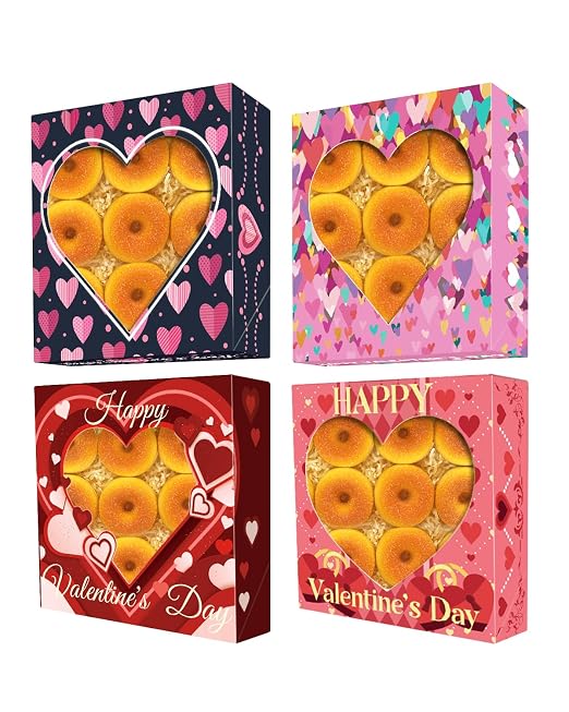 qiqee Auto-pop Up Valentine 12pcs Pie Boxes 10x10x2.5 inches Easy Assemble Macaroon Cookie Bakery Boxes with Window for Valentine's Day