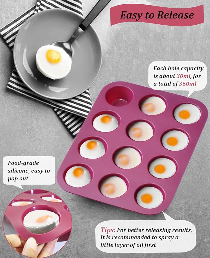 Silicone Muffin Pan, 12-Cup Cupcake Pan with Silicone Pastry Brush for Mini Egg Muffin, Keto Diet, BPA Free, Dark Red