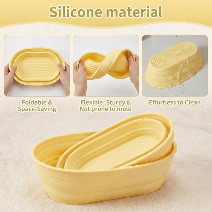 4 Pcs Silicone Banneton Bread Proofing Basket Set, 10" Oval Banneton Basket, Collapsible Sourdough Basket with Liner for Artisan Baking