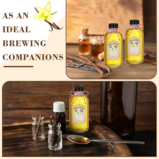 Uiifan 8 Pcs 8 oz Vanilla Extract Bottles Boston Round Bottles with Caps Glass Bottle and 8 Pcs Vanilla Extract Labels Stickers for Syrup Gift Glass Food Storage Canister Set Sauce Beans