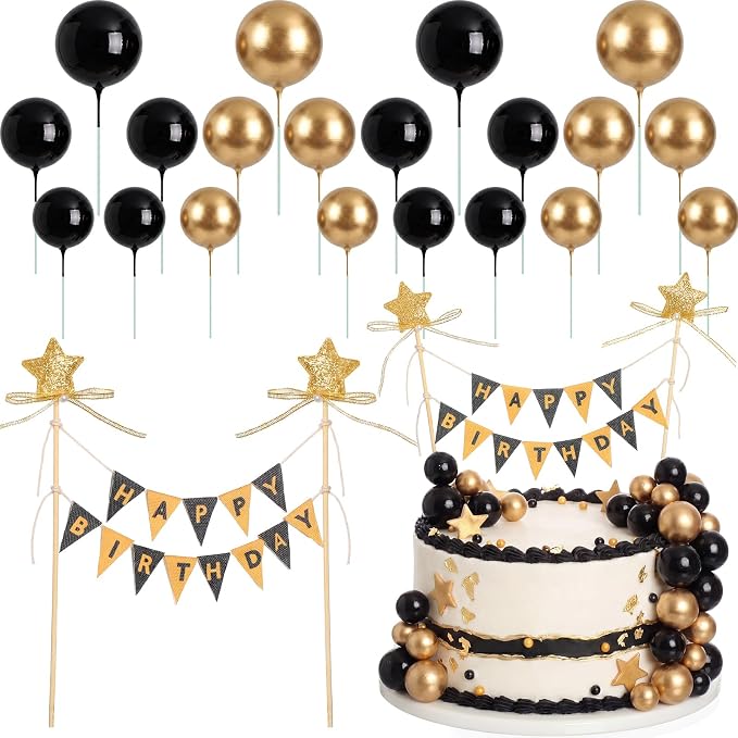 21 Pcs Happy Birthday Cake Topper Cake Bunting Topper Banner with Wood Pole Rainbow Garland with Bow Ribbon Balloon, Mini Cupcake Decor for Birthday Baby Shower (Black,Gold)