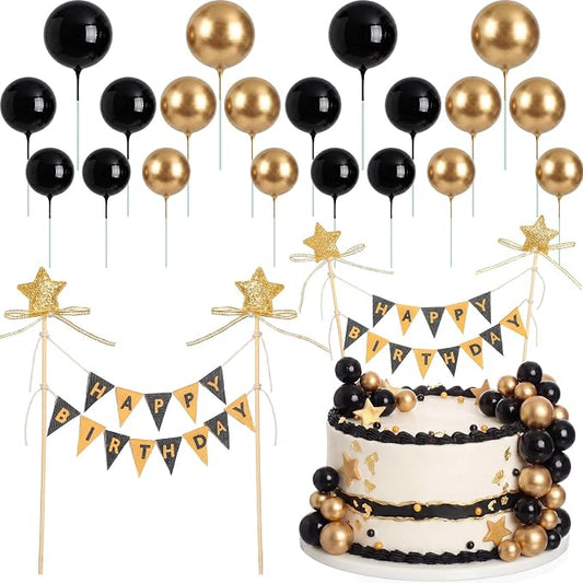 21 Pcs Happy Birthday Cake Topper Cake Bunting Topper Banner with Wood Pole Rainbow Garland with Bow Ribbon Balloon, Mini Cupcake Decor for Birthday Baby Shower (Black,Gold)