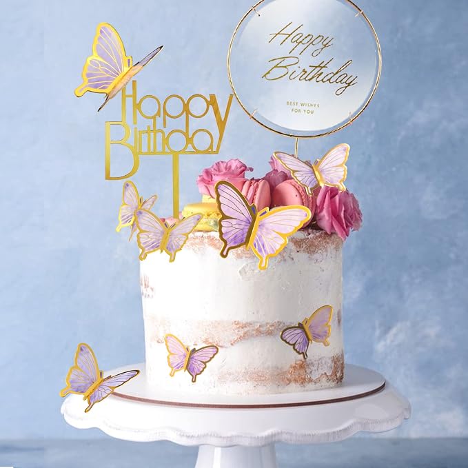 22-Pieces Butterfly Cake Decorations With Happy Birthday Acrylic Cake Toppers for Baby Shower Wedding Birthday Party Decor (Purple)