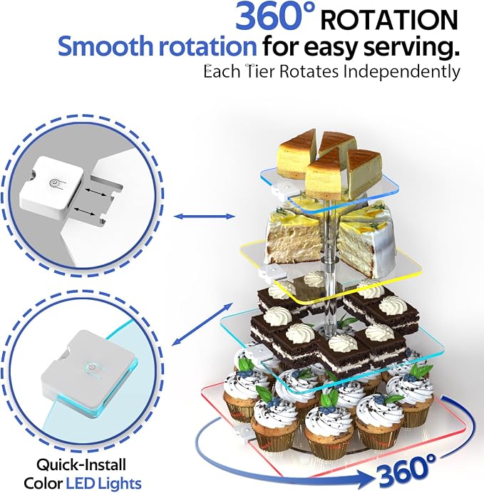 4-Tier Rotating Cupcake Stand with LED Lights - 360° Spinning Display Tower for Desserts, Cakes & Pastries - Rechargeable 7-Color Changing Serving Tray for Weddings, Parties & Festive Gatherings (Clear Acrylic)