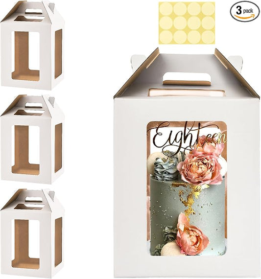 3 Pack Tall Cake Boxes for Tier Cakes,10x10x12 Inches Large Tiered Cake Carriers with Windows,8in 10in Disposable Layer Tall Baking boxes with Handle for Birthday,Wedding,Party