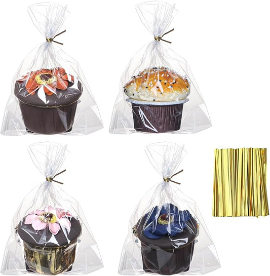 ROSPAKTEK 100 Pcs 5x6.5 Cellophane Muffin Bags with Gold Twist Ties – Commercial-Grade Flat-Bottom Design for Cupcakes, Cookies & Pastries (Fits Macarons/Chocolates/Strawberries) – Reusable