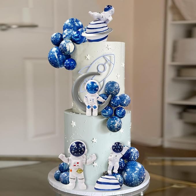 Astronaut Figurines Space Cake Toppers Blue Star Ball Cake Toppers for Space Theme Party Kids Birthday Party Baby Shower Supplies (Royal Blue)