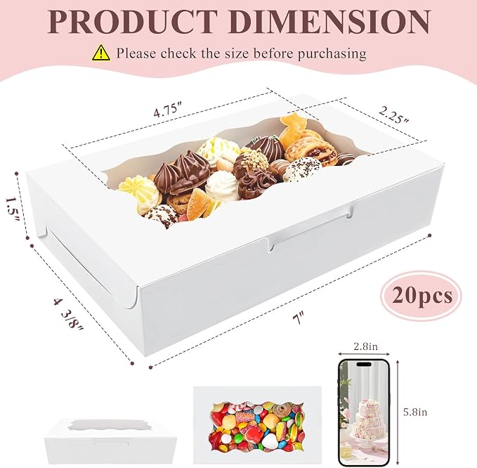 60 Pack White Cookie Boxes with Clear Window, 7" x 4 3/8" x 1 1/2" Bakery Treat Boxes for Dessert, Donuts, Pie, Candy, Macaroon