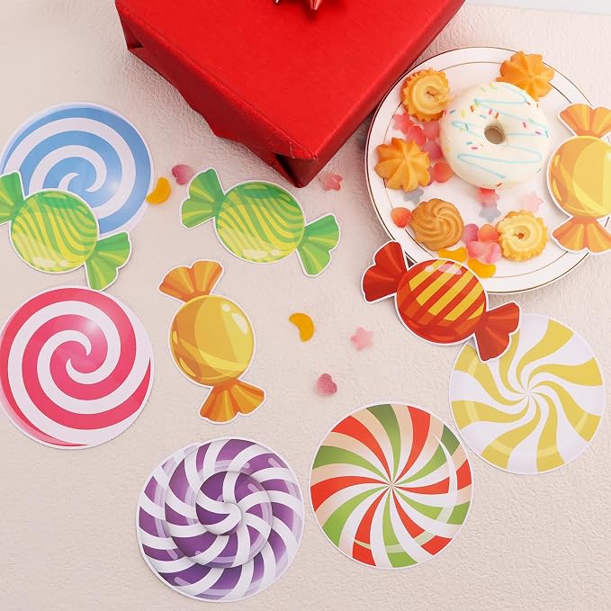 Vuzvuv 90Pcs 5In Candy Paper Cutouts with 180Pcs Glue Points,Candy Cut Outs Bulletin Board Decorations for Birthday Party Theme Decor Supplies