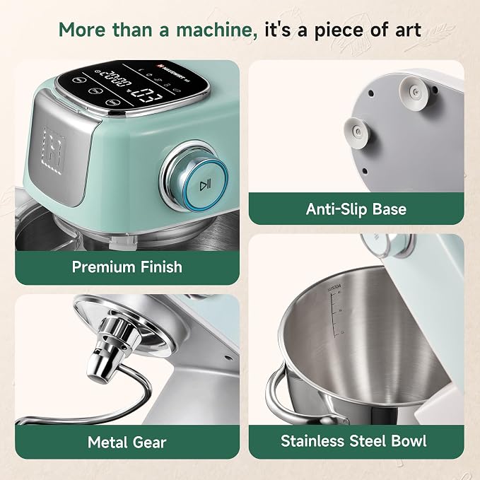 Hauswirt Stand Mixer Silent with LED Touch Screen, 5.3QT XL Large Mixers Kitchen Electric Stand Mixer for Household, 500W DC Motor 11-Speed for Bread Pasta Meat – Lake Green