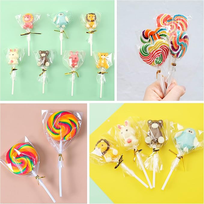 Augshy Cake Pop Bags,300 Pcs 4x6 Inches Clear Treat Cello Bag for lollipop | Individual Packaging Resealable with 300 Twist Ties, 1.4 mils Thickness OPP Plastic Bag for Candy Chocolate Cookie Wrapping