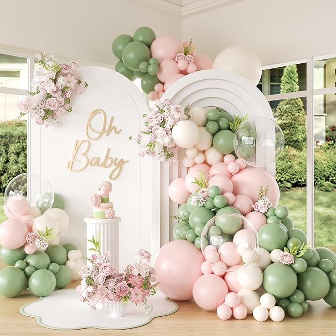 Sage Green Pink Balloon Arch kit,124Pcs Pastel Pink Green Sand White Peach Balloon Arch Graland Kit for Baby Shower Wedding Bridal Birthday Gender Reveal Party Decorations