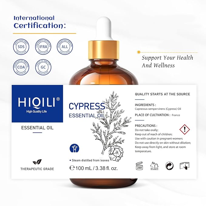 HIQILI 100ML Cypress Essential Oil for Diffuser, Skin Care, Includes 10ML Travel Bottle - 3.38 Fl Oz