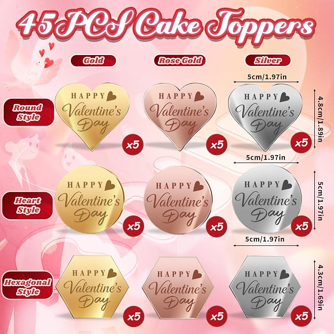 45PCS Happy Valentine's Day Cake Toppers, Mirror Acrylic Cupcake Toppers 3 Multi-shape & 3 Different Color Custom Cupcake Picks for Valentine Party Anniversary Pastries Decorations