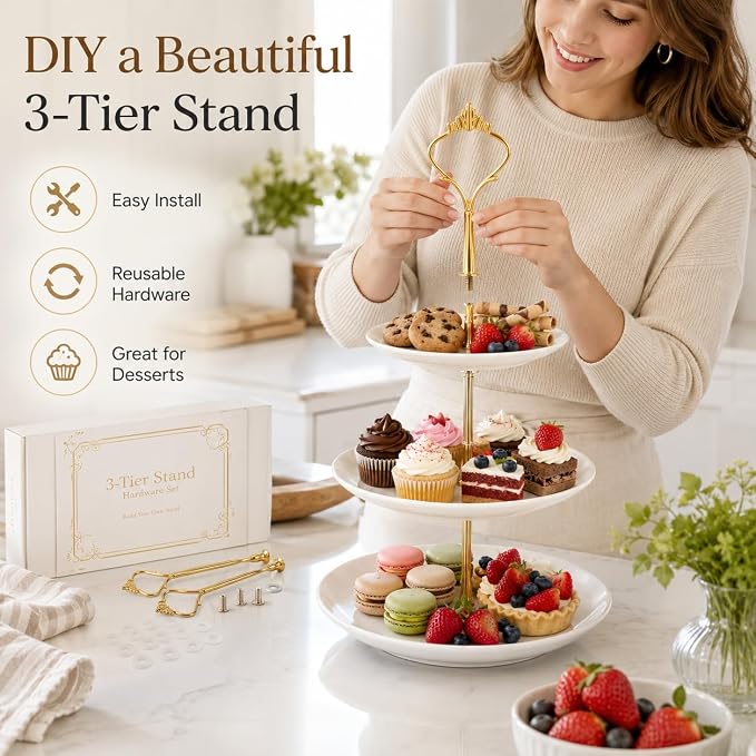 15 Pcs Tiered Tray Hardware Kit Crown Handle Zinc Alloy Gold 3-Tier | Coordinated gold finish for party trays; rods washers and screws support repeat DIY cake stand assembly