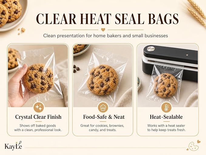 KayLe 5 x 7 Clear Treat Bags, 100 Count Heat Sealable PET Cookie Bags, Bakery Packaging Bags for Cookies, Candy & Snacks | 5 x 7 Clear 100