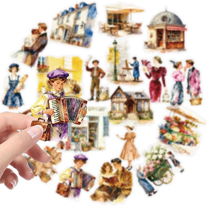 50 pcs Vintage European Town Clear PET Stickers, Paris Street Cafe Building People Transparent Die-Cut Decals, Waterproof Stickers for Journal Scrapbook Planner DIY Travel Craft Decor