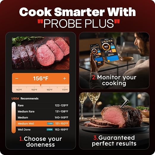 Smart Bluetooth Wireless Meat Thermometer Digital, 6 Accuracy Sensors, 0.5S Instant Read Food Thermometer, 2-in-1 100H Battery Fast Charge Base, APP Control & Custom Menu for BBQ, Grill, Smoker, Oven