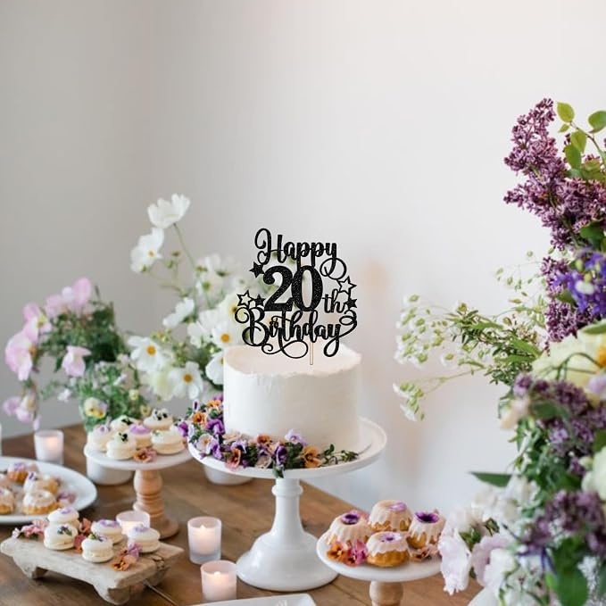 1 PCS Happy 20th Birthday Cake Topper Glitter Cheers to 20 Years Birthday Cake Pick Hello 20 Fabulous Cake Decoration for Happy 20th Birthday Anniversary Party Decorations Supplies Black