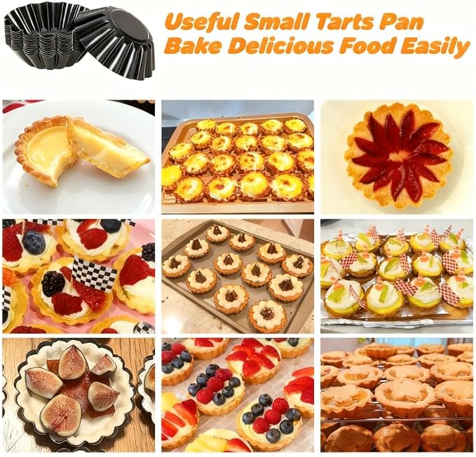 12-Pack 3 Inch Nonstick Mini Tart Pans Fluted Side for Pies Pan Round Deep Quiche Mold Heavy Duty Carbon Steel Baking Cupcake Egg Tarts Mousse Cakes Fruit and Desserts Molds for Oven