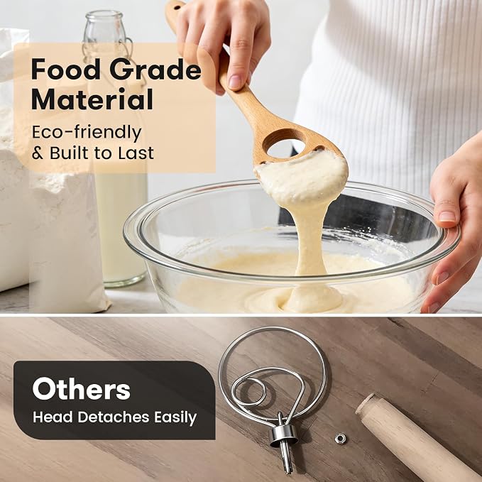 Wooden Danish Dough Whisk - 12.6" Handcrafted Dutch Bread Whisk for Batter, Pizza Dough & Baking - Upgraded One-Piece Sourdough Whisk with Flow-Through Design-2 Pack