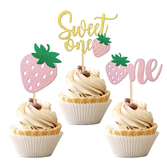 24 PCS Strawberry 1st Birthday Cupcake Toppers Glitter Sweet One Strawberry Cupcake Picks for Fruit Theme Baby Shower Kids 1st Anniversary Party Cake Decorations Supplies Pink