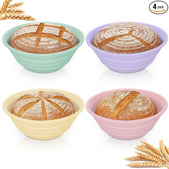 4Pcs Silicone Bread Proofing Basket,9" Foldable Silicone Proofing Baskets for Sourdough Bread Baking,Non-stick Round Dough Proofing Bowl Sourdough Bread Baking Supplies